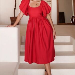 ELF Cherie Red Puff-Sleeve Midi Dress